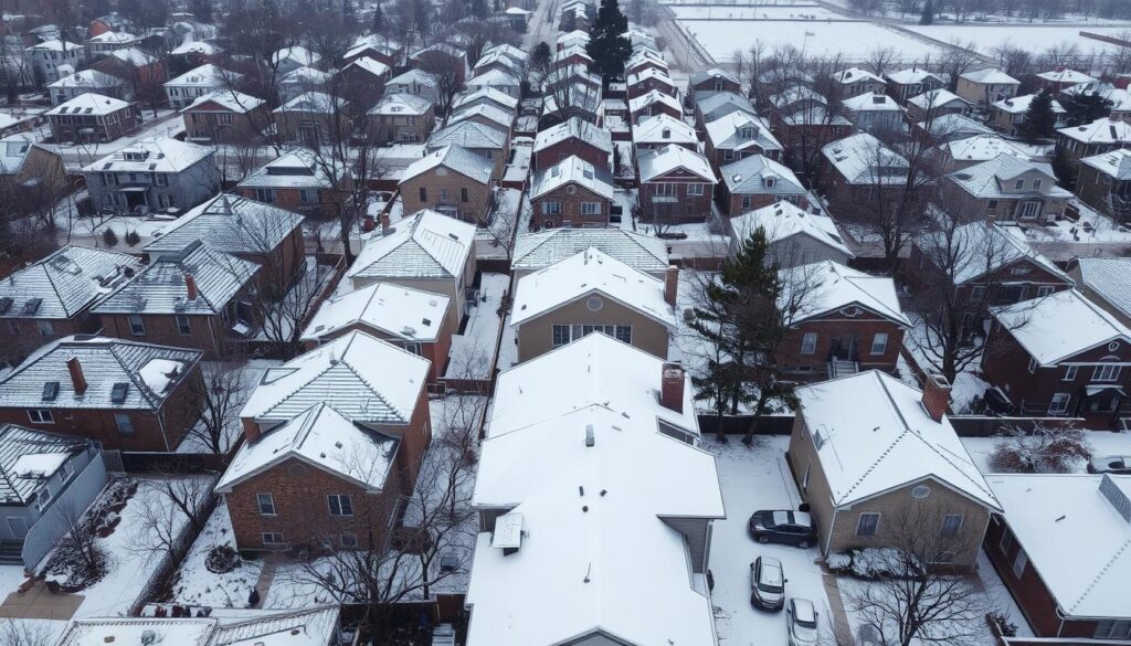 Chicago winter snow on residential roofs Chicago winter snow on residential roofs
