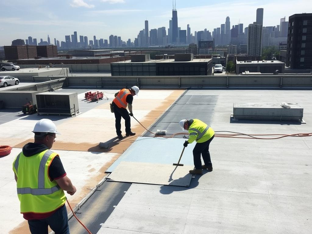 Commercial flat roof emergency repair on a Chicago business building