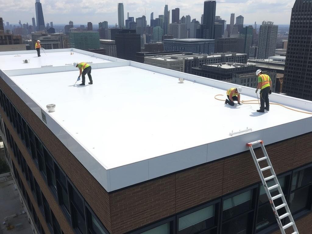 Commercial flat roof installation on Chicago building Commercial flat roof installation on Chicago building