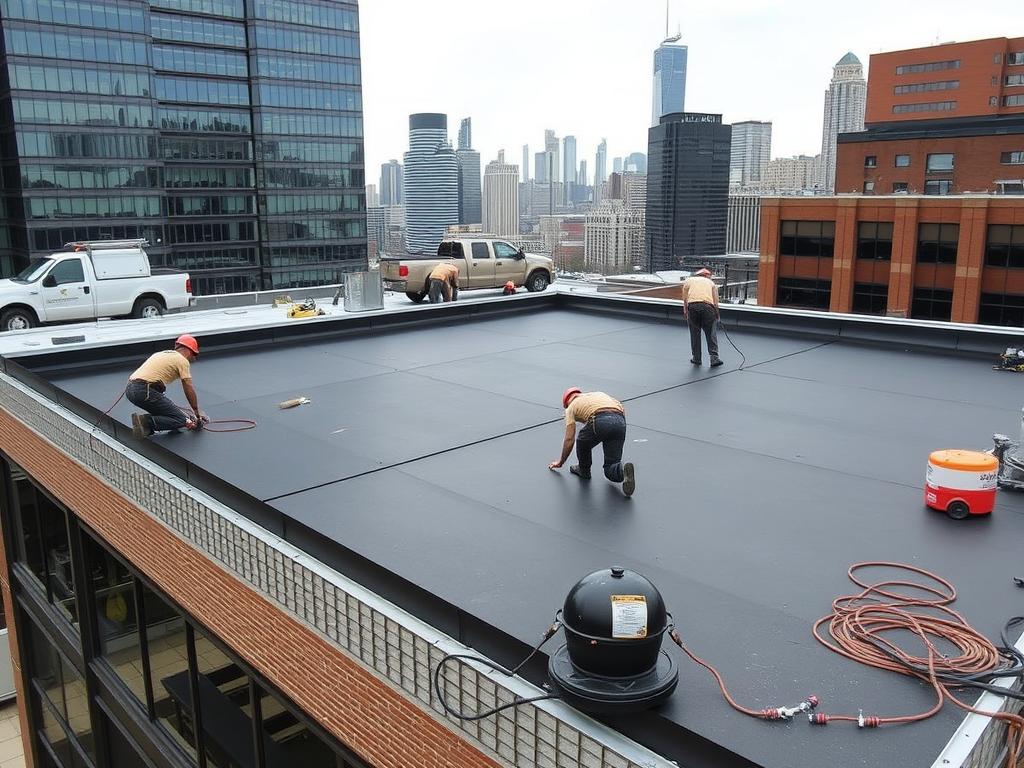 Commercial flat roof installation on Chicago business building Commercial flat roof installation on Chicago business building