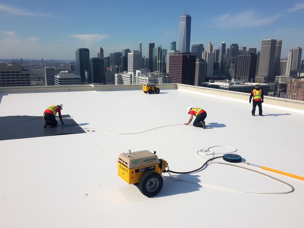Commercial flat roof installation on Chicago office building
