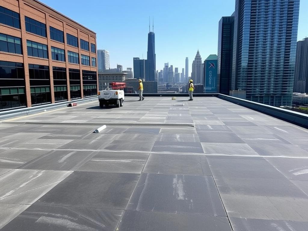Commercial flat roof installation on a Chicago business building