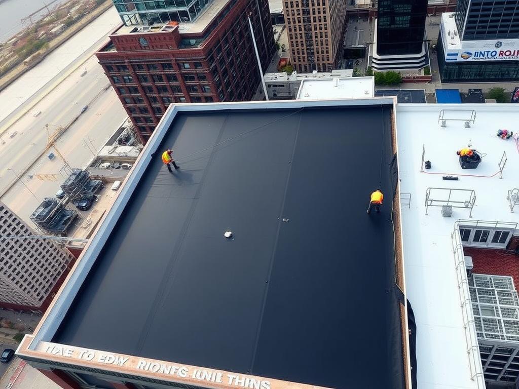 Commercial flat roof installation on a Chicago business building Commercial flat roof installation on a Chicago business building