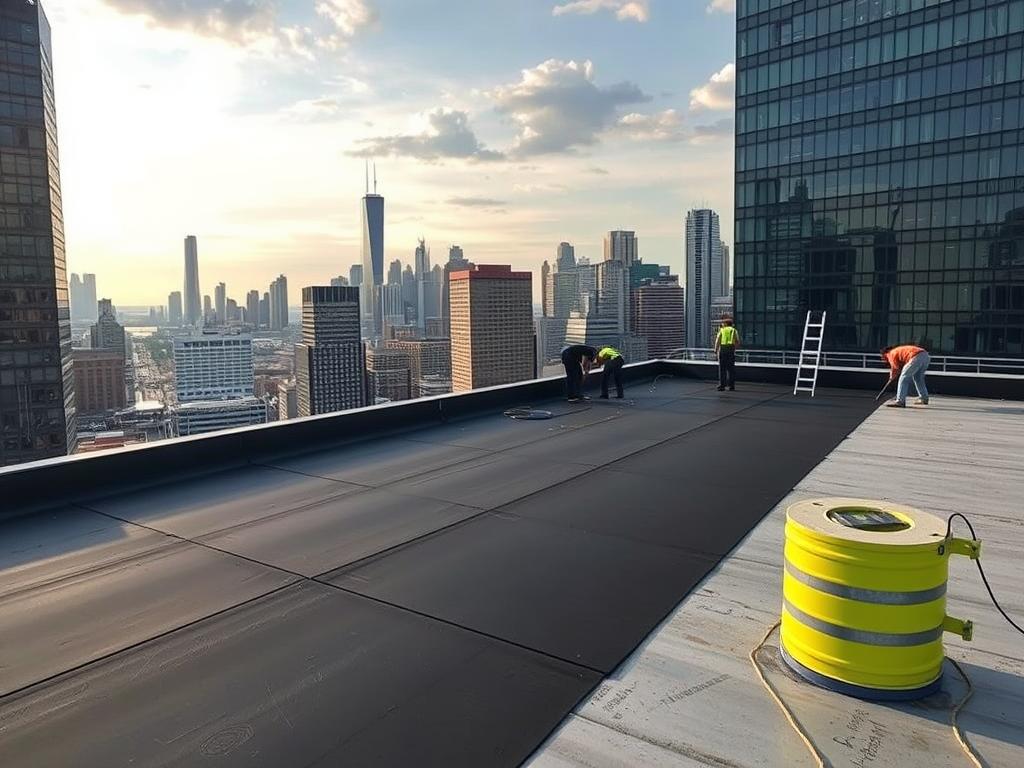 Commercial flat roofing in Chicago being installed by professionals Commercial flat roofing in Chicago being installed by professionals