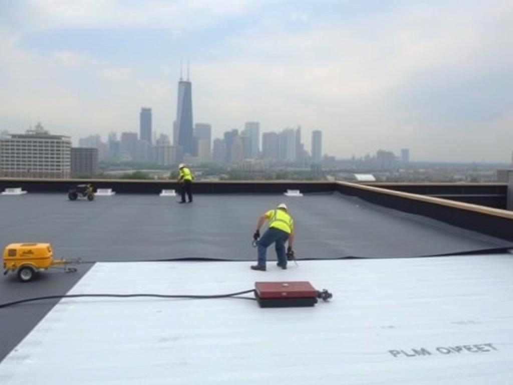 Commercial flat roofing in Chicago being installed Commercial flat roofing in Chicago being installed