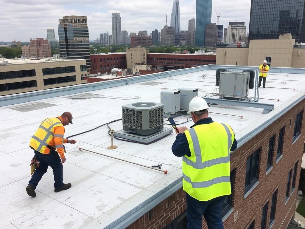 Commercial roof maintenance inspection on Chicago building