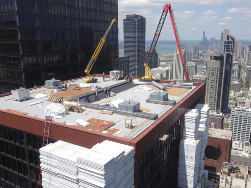 Commercial roof replacement project on large Chicago building