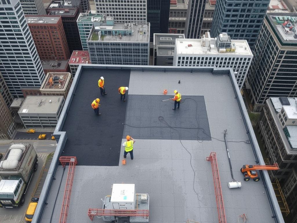 Commercial roofing Chicago project on a downtown building Commercial roofing Chicago project on a downtown building