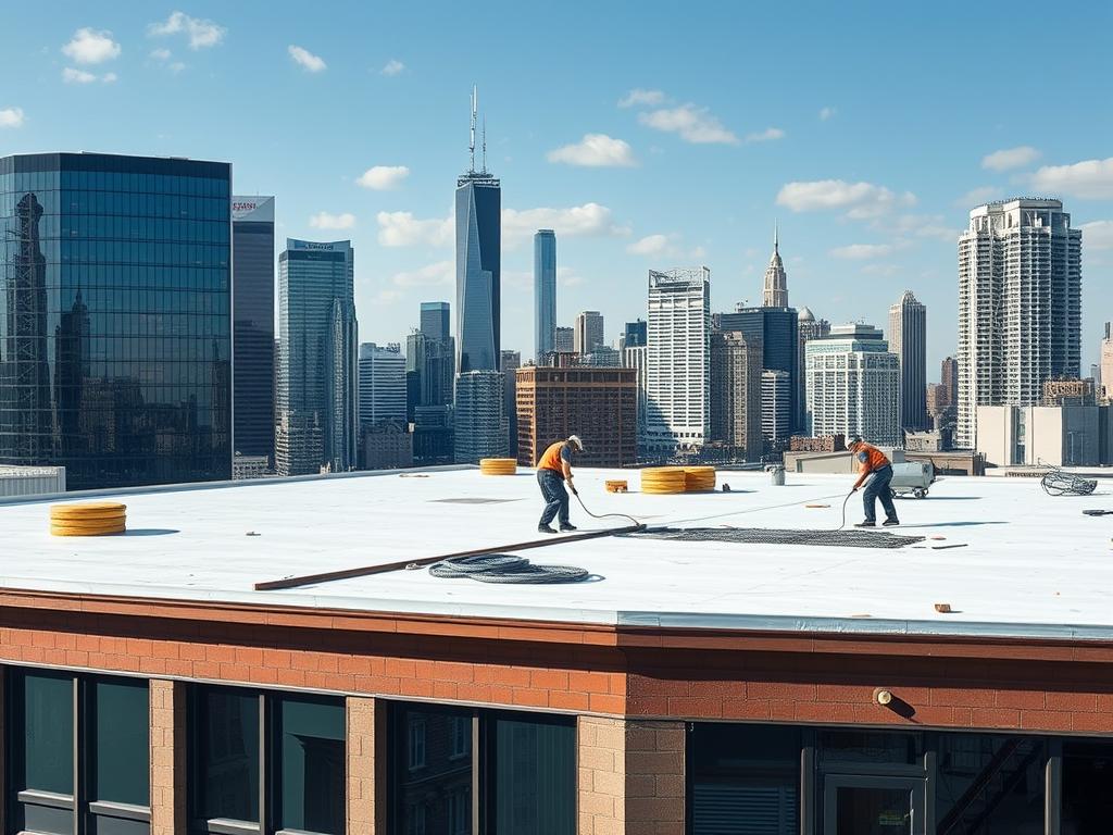 Commercial roofing in Chicago showing flat roof installation on a business building Commercial roofing in Chicago showing flat roof installation on a business building