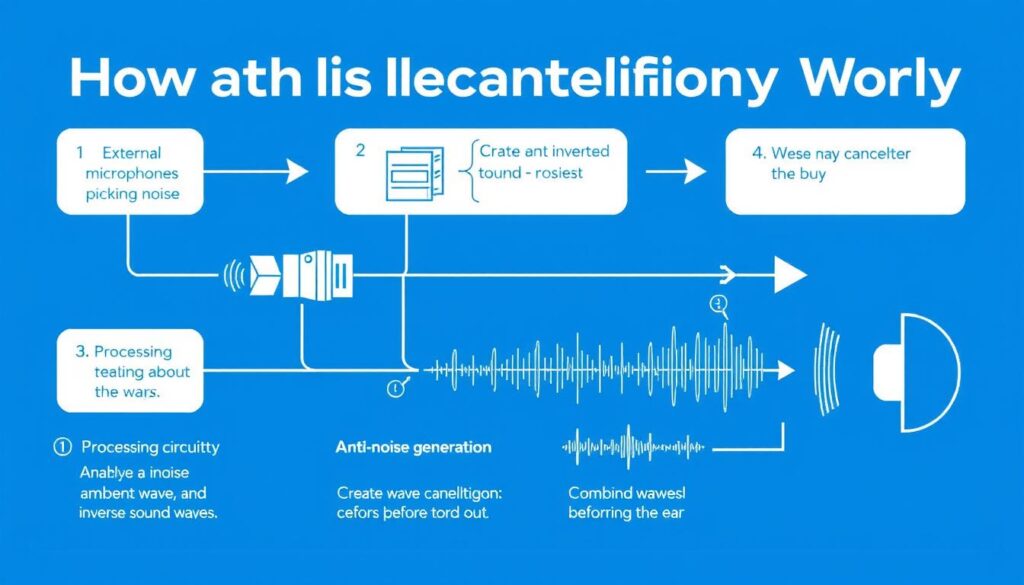 Diagram showing how active noise cancellation technology works in headphones Diagram showing how active noise cancellation technology works in headphones