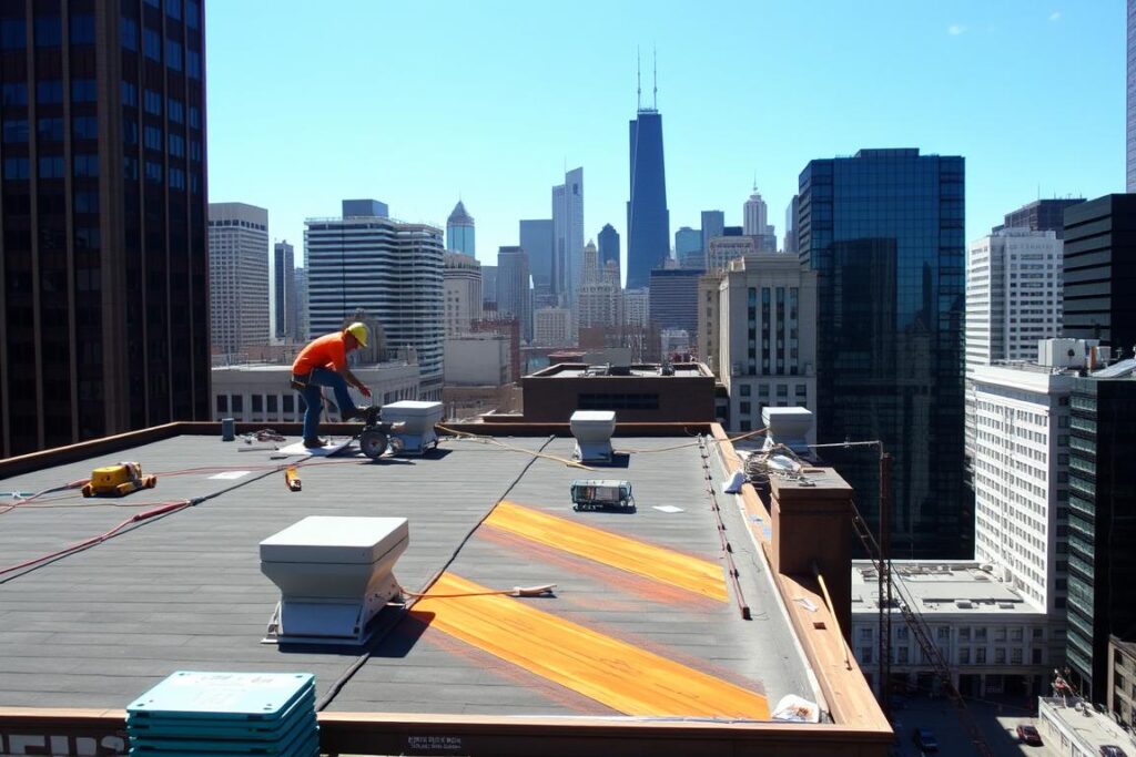 Downtown Chicago roofing project with skyline view Downtown Chicago roofing project with skyline view