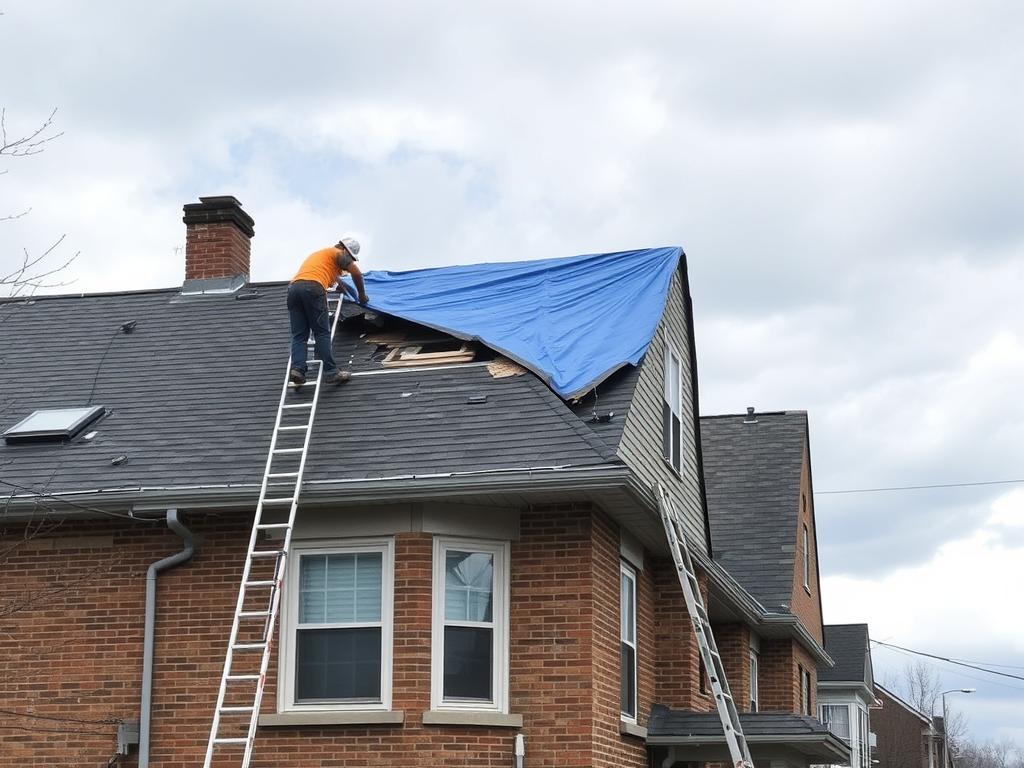 Emergency roof repair being performed on a Chicago home after storm damage