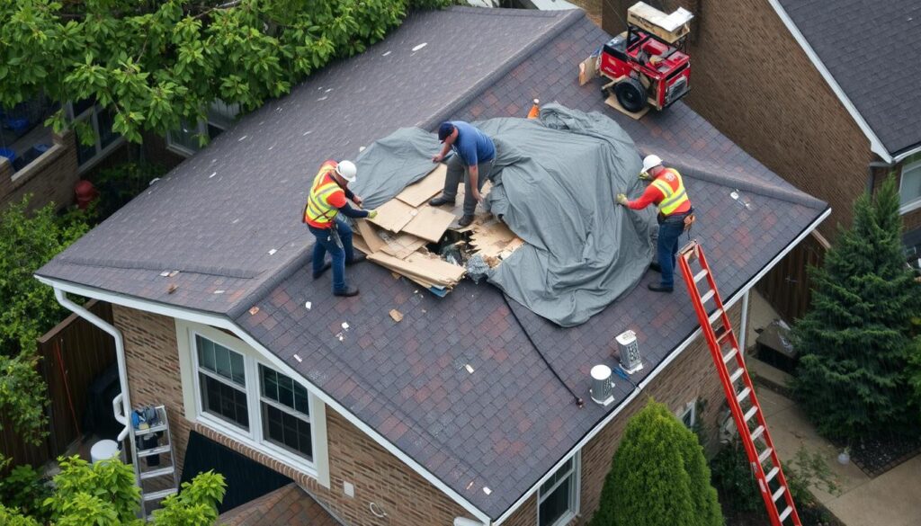 Emergency roof repair in Chicago during rainy weather