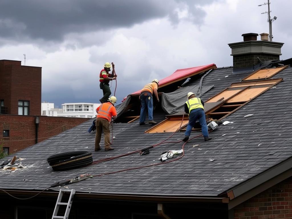 Emergency roof repair in Chicago during storm conditions Emergency roof repair in Chicago during storm conditions