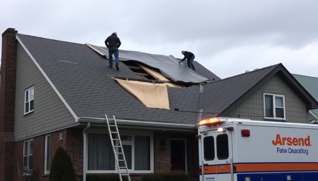 Emergency roof repair team responding to storm damage in Chicago Emergency roof repair team responding to storm damage in Chicago