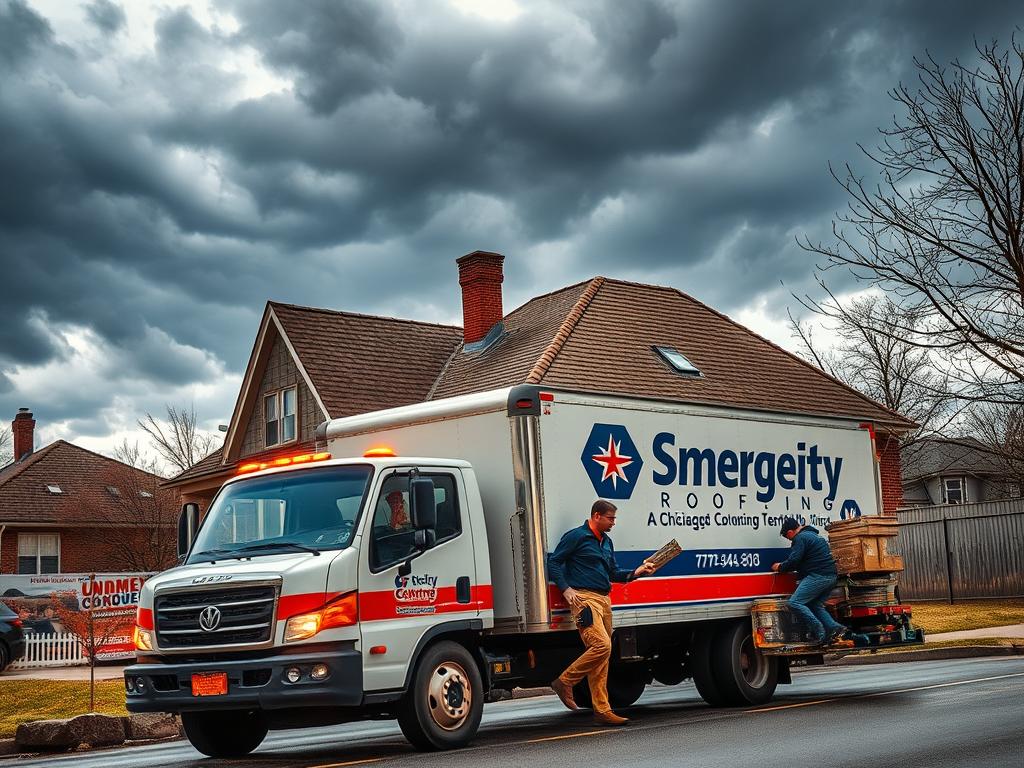 Emergency roofing team responding to Chicago storm damage Emergency roofing team responding to Chicago storm damage