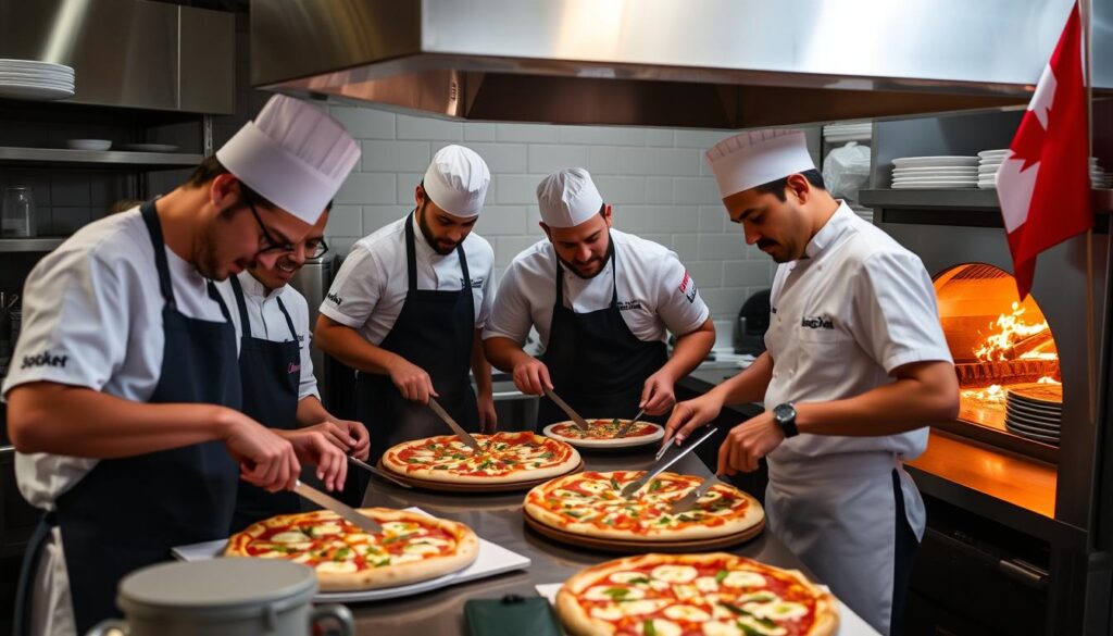 Equipe de chefs preparando Pizza em Toronto em forno a lenha