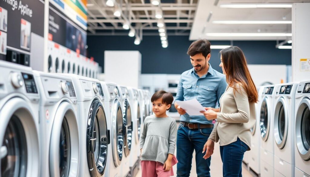 Family choosing a washing machine in an appliance store, comparing features and specifications Family choosing a washing machine in an appliance store, comparing features and specifications