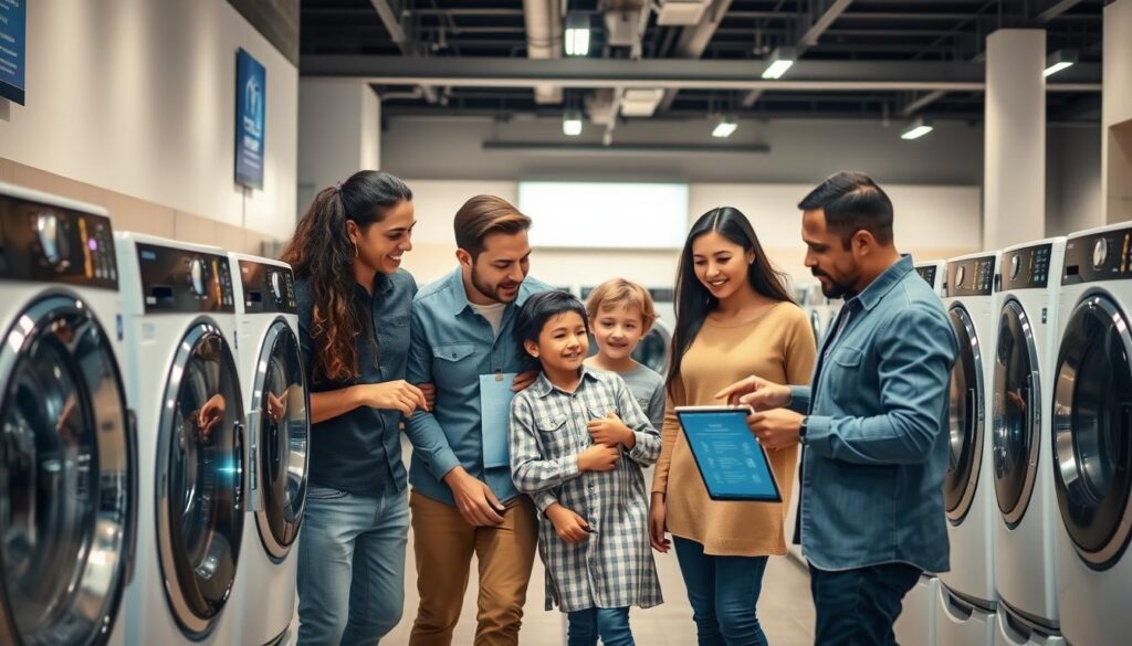 Family selecting a washing machine in a modern appliance showroom Family selecting a washing machine in a modern appliance showroom