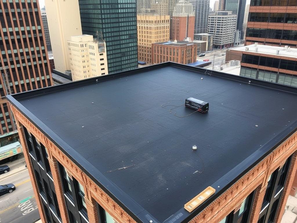 Flat roof system on a Chicago building, common for roofing in Chicago commercial properties Flat roof system on a Chicago building, common for roofing in Chicago commercial properties