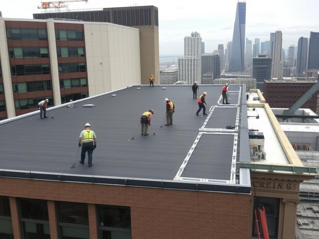 Flat roofing installation on Chicago commercial building Flat roofing installation on Chicago commercial building