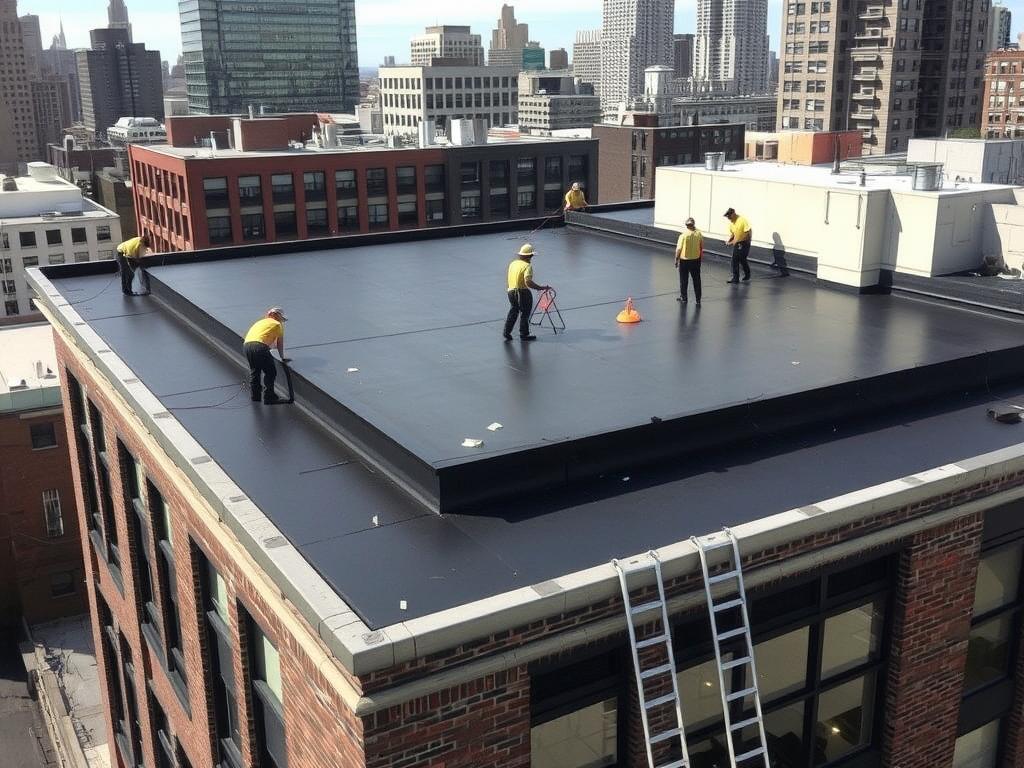 Flat roofing system being installed on Chicago building Flat roofing system being installed on Chicago building