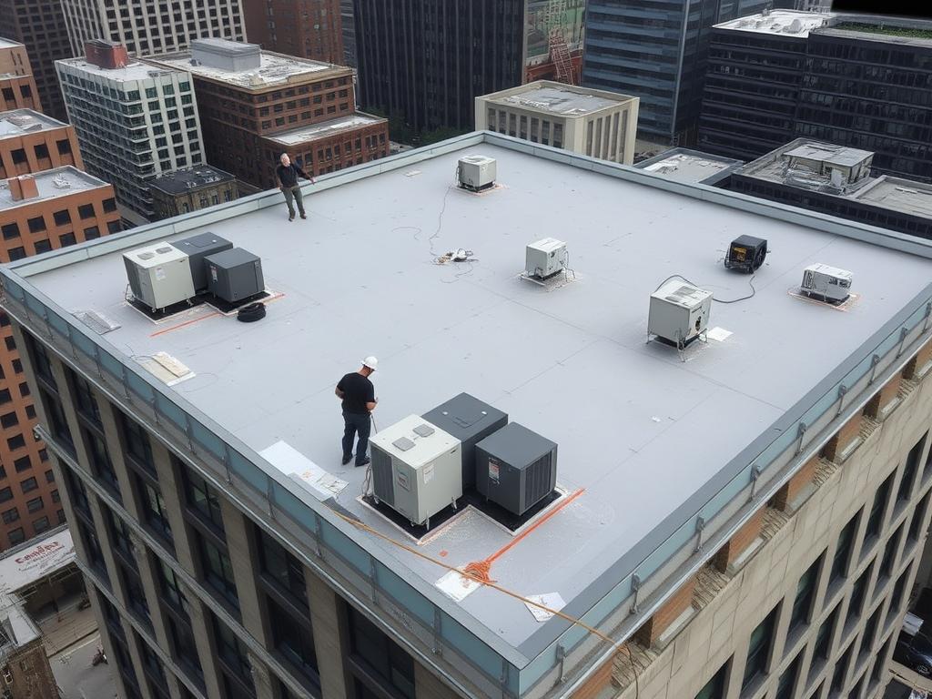 Flat roofing system for Chicago commercial building Flat roofing system for Chicago commercial building
