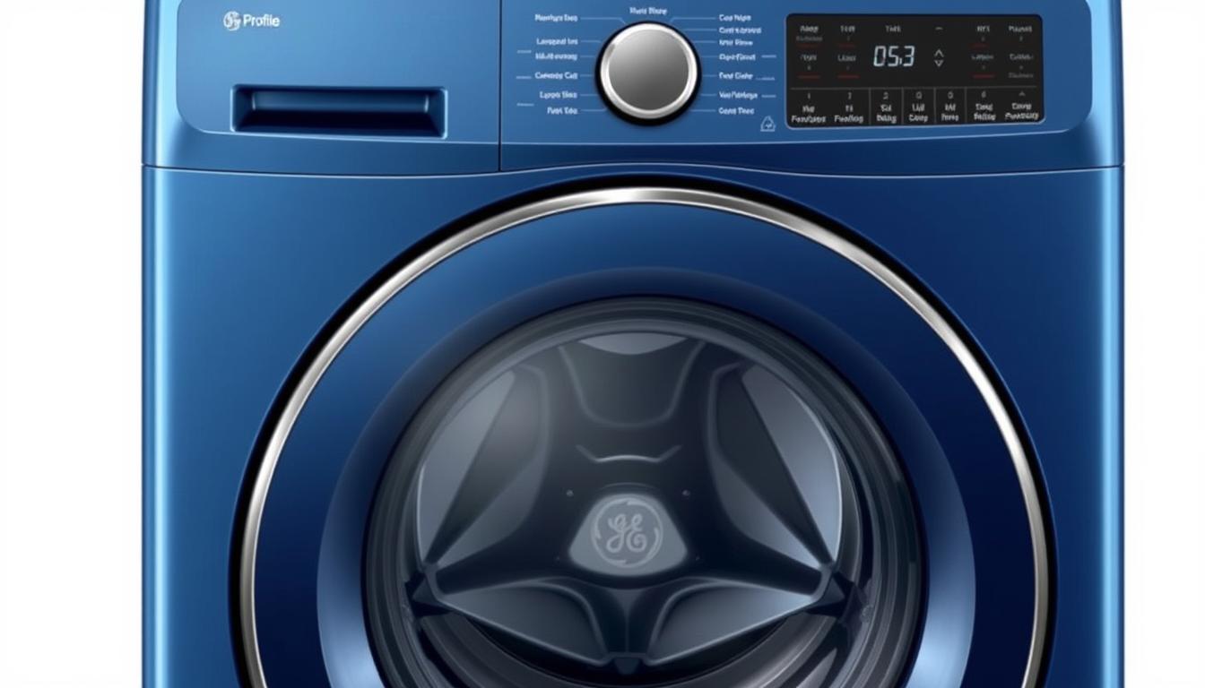 GE Profile PTW800BPWRS washing machine with its sapphire blue finish and advanced control panel showing the top 10 washing machines in 2025