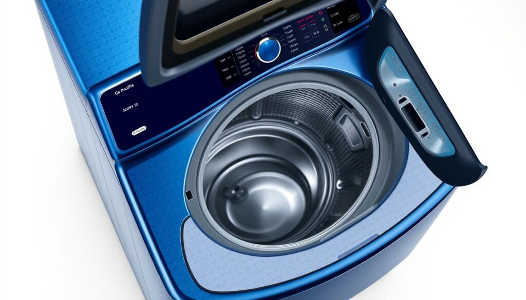 GE Profile PTW900BPTRS top load washing machine with modern design and digital controls GE Profile PTW900BPTRS top load washing machine with modern design and digital controls