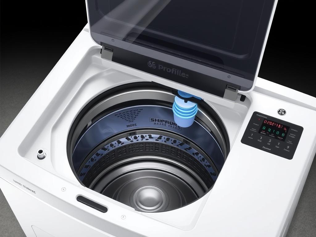 GE Profile Smart Dispense top-loading washing machine with bulk detergent dispenser highlighted GE Profile Smart Dispense top-loading washing machine with bulk detergent dispenser highlighted