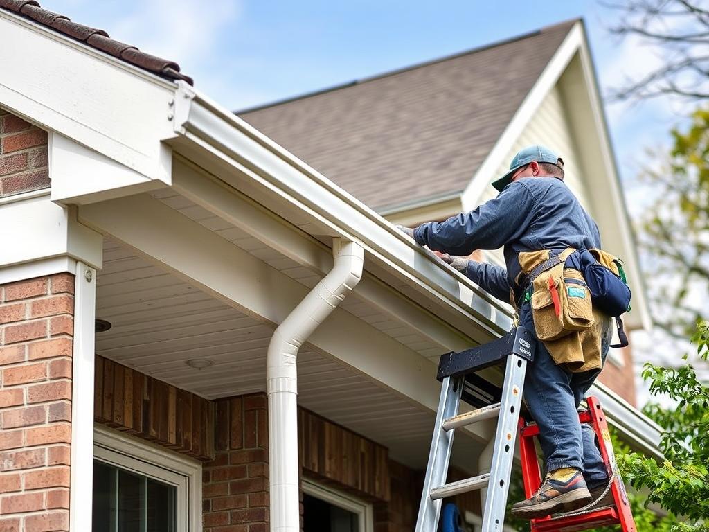 Gutter installation on Chicago home with worker on ladder Gutter installation on Chicago home with worker on ladder