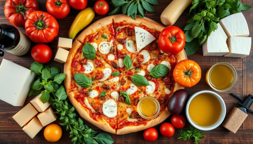 Ingredientes frescos para Pizza em Toronto dispostos em mesa