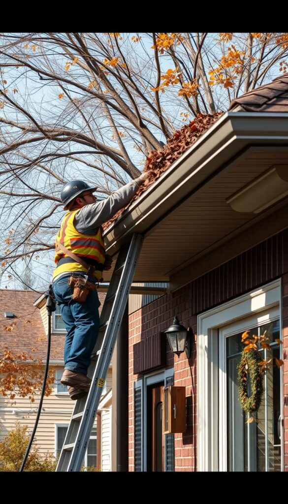 Maintenance crew cleaning gutters and performing preventative care on a Chicago roof Maintenance crew cleaning gutters and performing preventative care on a Chicago roof