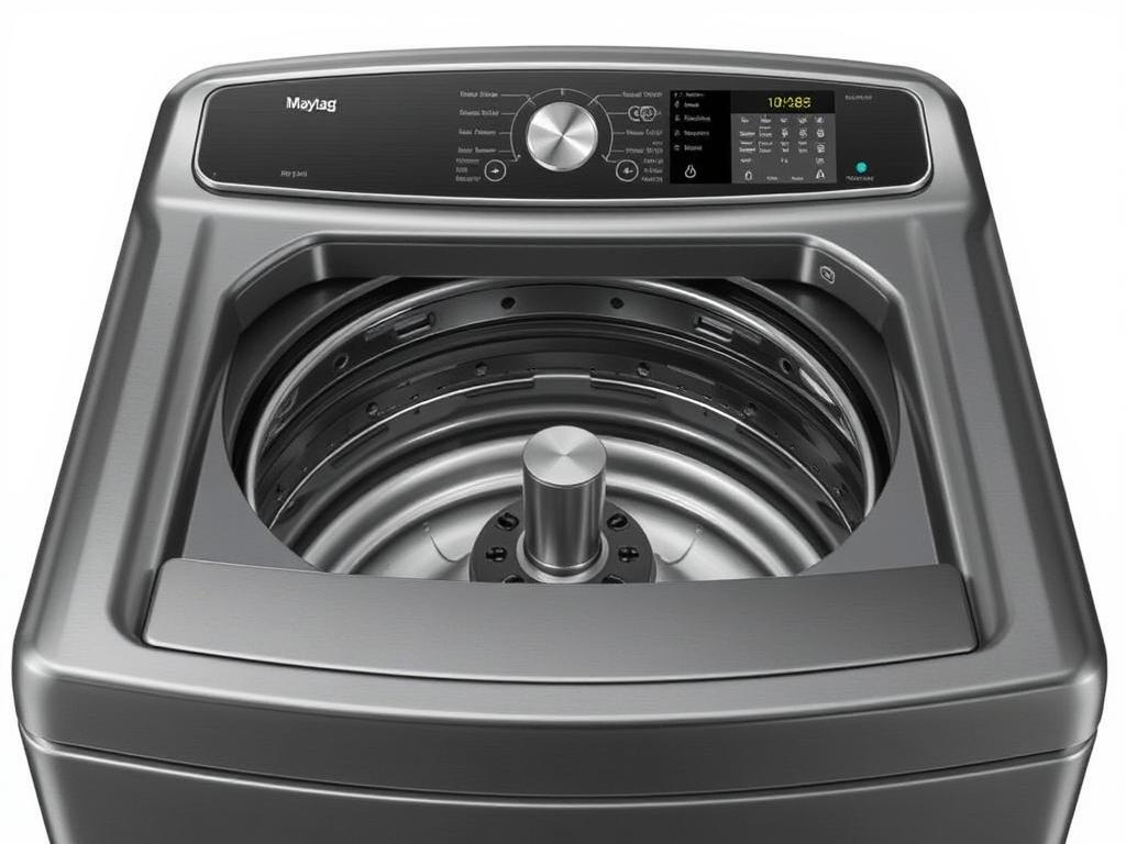 Maytag Smart Agitator top-loading washing machine with lid open showing agitator Maytag Smart Agitator top-loading washing machine with lid open showing agitator