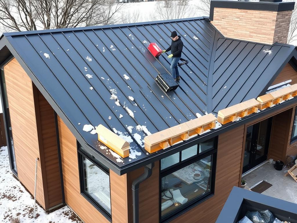 Metal roof installation on a modern Chicago home with snow guards