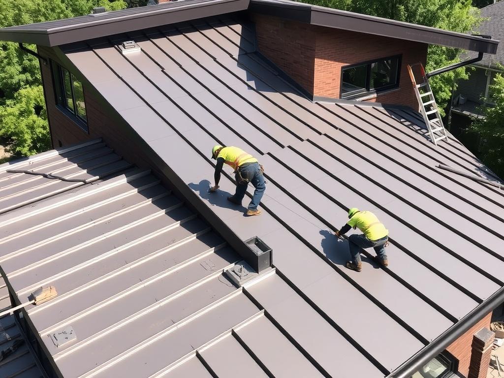 Metal roofing installation on modern Chicago home Metal roofing installation on modern Chicago home