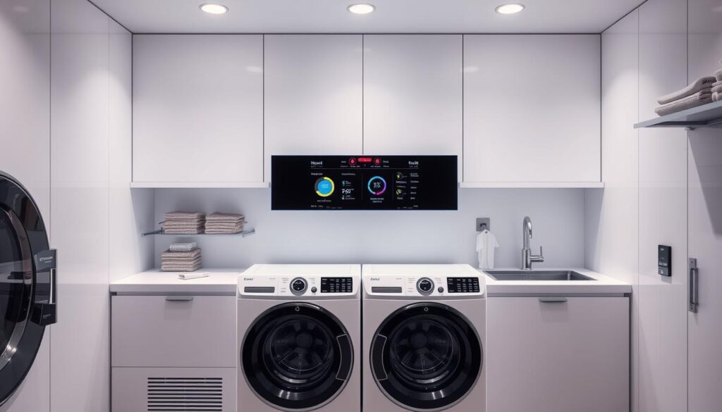 Modern laundry room with advanced washing machines and smart home integration Modern laundry room with advanced washing machines and smart home integration