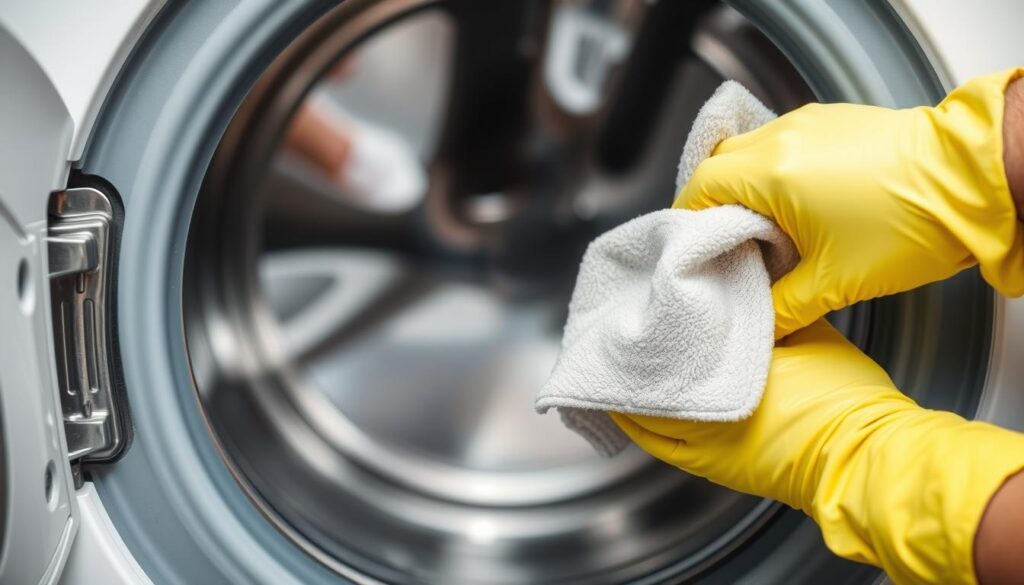 Person cleaning the gasket of a front-load washing machine Person cleaning the gasket of a front-load washing machine