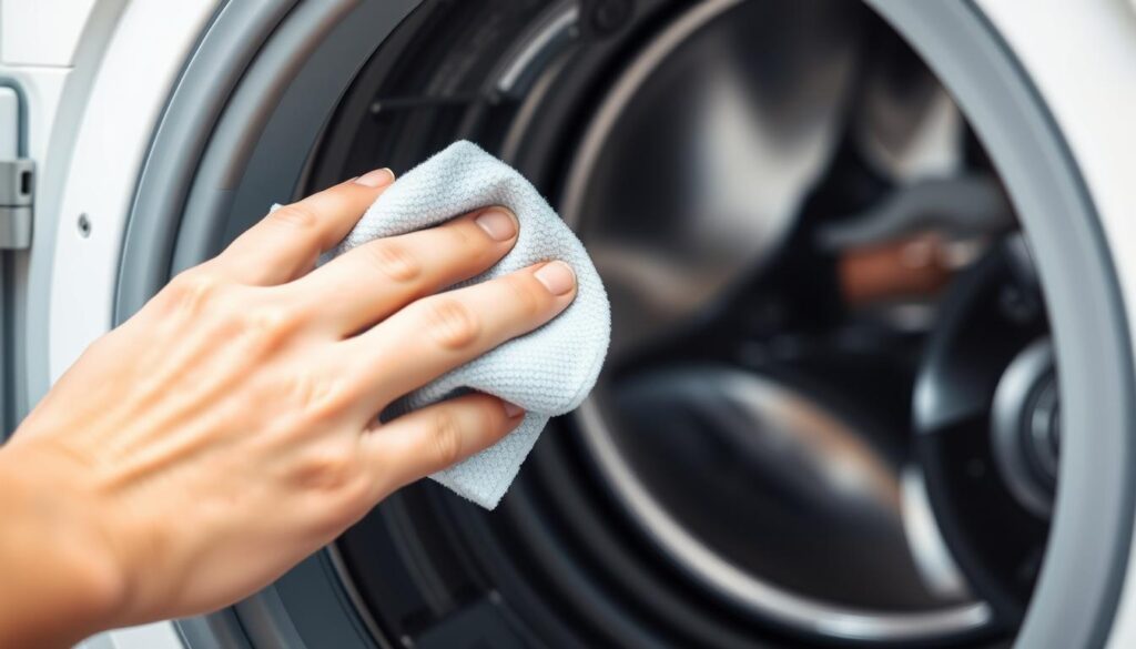 Person cleaning the gasket of a front-loading washing machine to prevent mildew buildup Person cleaning the gasket of a front-loading washing machine to prevent mildew buildup