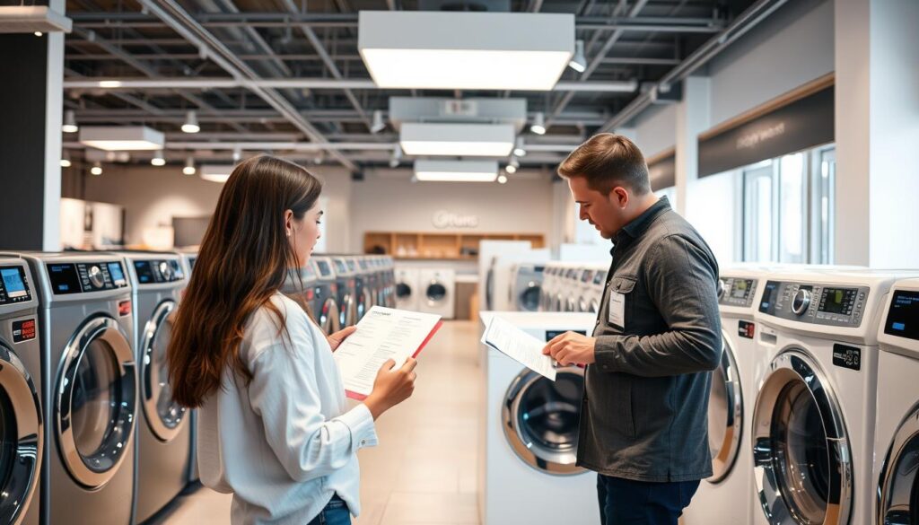 Person comparing washing machine features in a showroom Person comparing washing machine features in a showroom