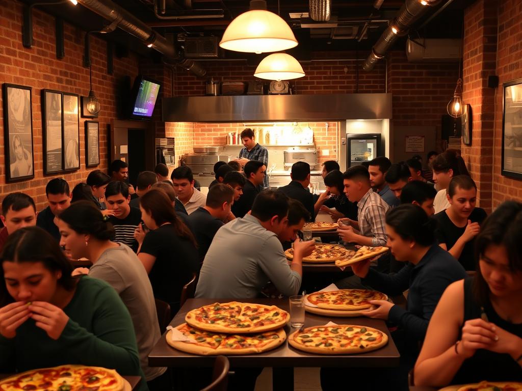 Pizzaria movimentada em Toronto com clientes desfrutando de Pizza em Toronto Pizzaria movimentada em Toronto com clientes desfrutando de Pizza em Toronto