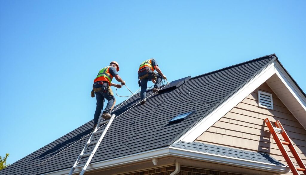 Professional roof installation in Chicago showing workers installing new shingles on a residential home Professional roof installation in Chicago showing workers installing new shingles on a residential home