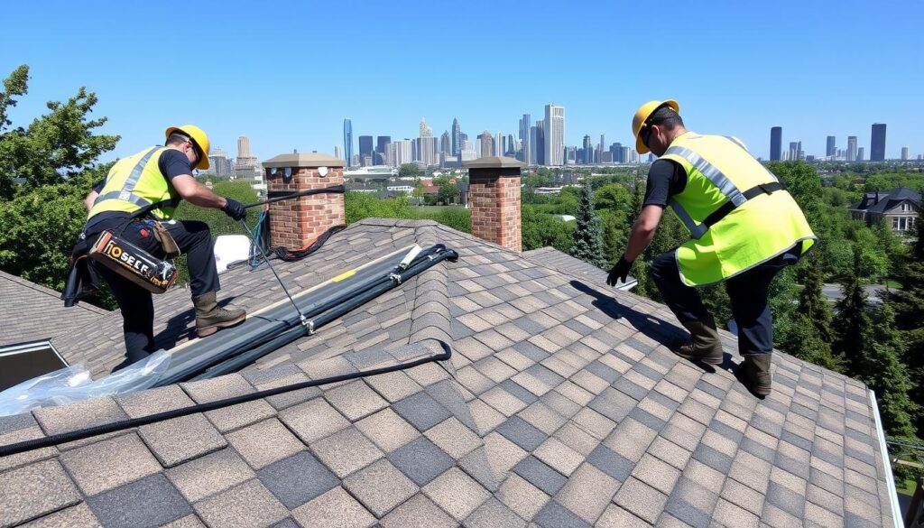 Professional roofing Chicago team working on a residential roof installation Professional roofing Chicago team working on a residential roof installation
