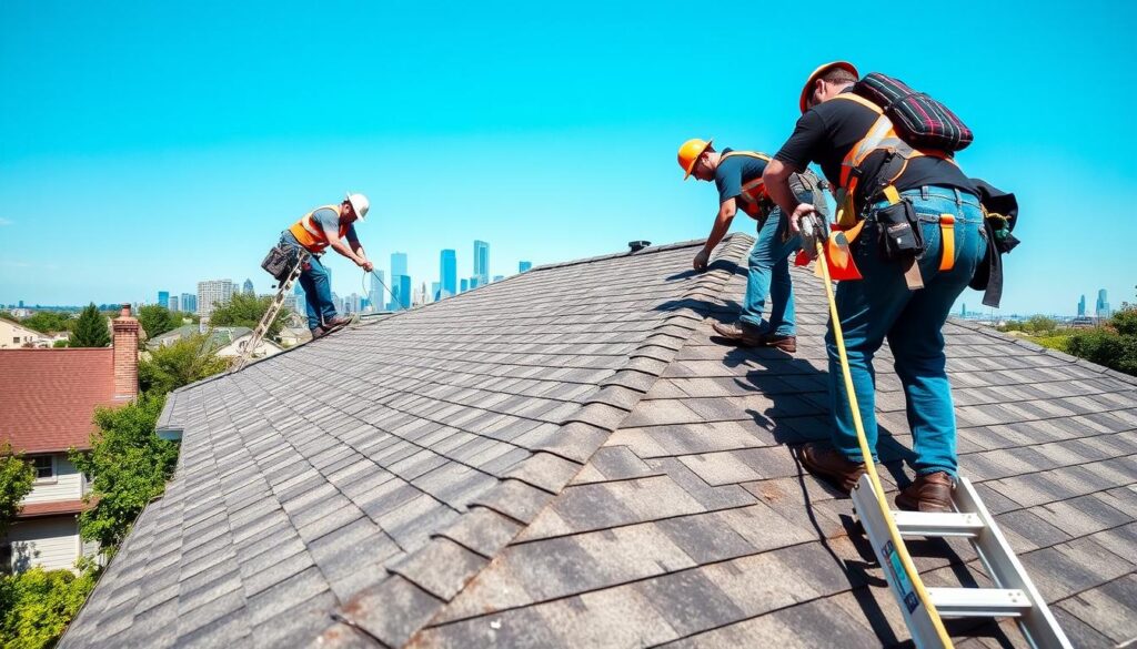 Professional roofing crew installing new roof on Chicago home Professional roofing crew installing new roof on Chicago home