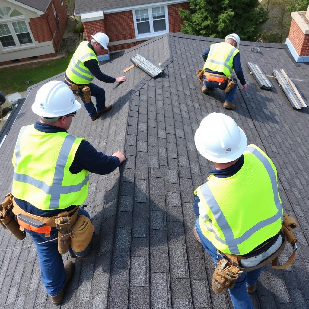 Professional roofing crew installing new roof on Chicago property Professional roofing crew installing new roof on Chicago property