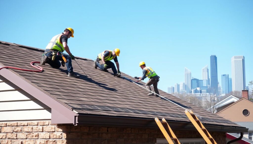 Professional roofing crew installing new shingles on a Chicago home Professional roofing crew installing new shingles on a Chicago home