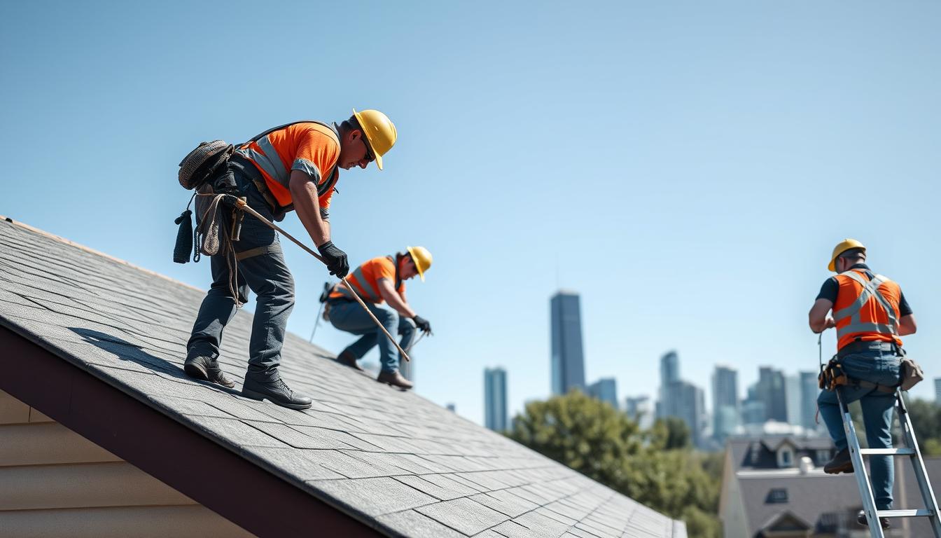Professional roofing crew installing new shingles on a Chicago home during clear weather