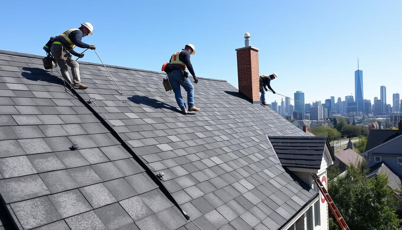 Professional roofing crew installing new shingles on a Chicago home