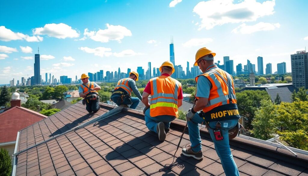 Professional roofing crew working on a Chicago home roof Professional roofing crew working on a Chicago home roof