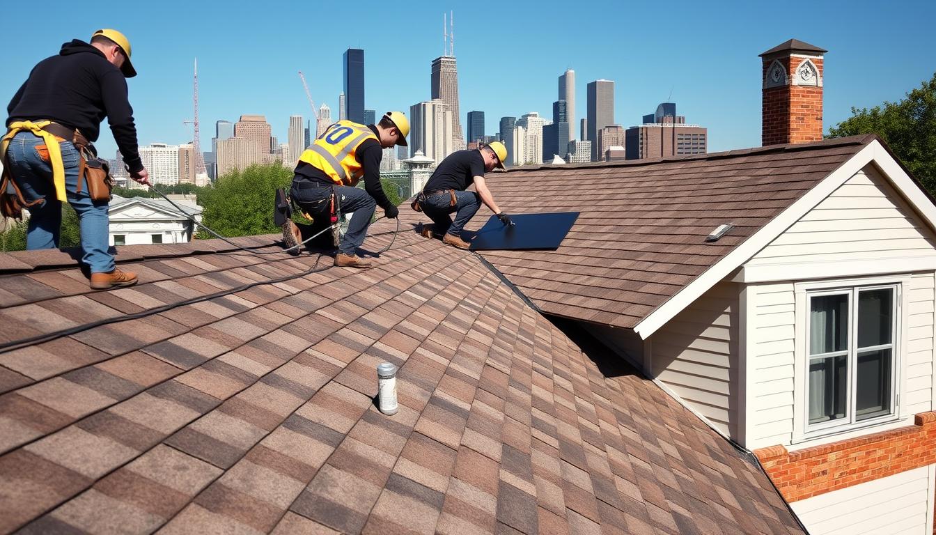 Professional roofing crew working on a Chicago home roof installation
